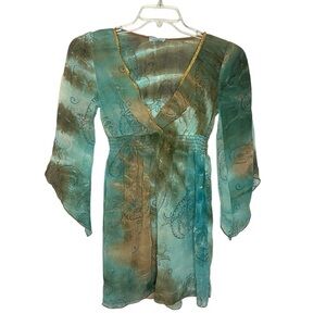 Y2K Funkadelic Hippie Mesh Tie Dye Sparkly Flowy Blouse Medium